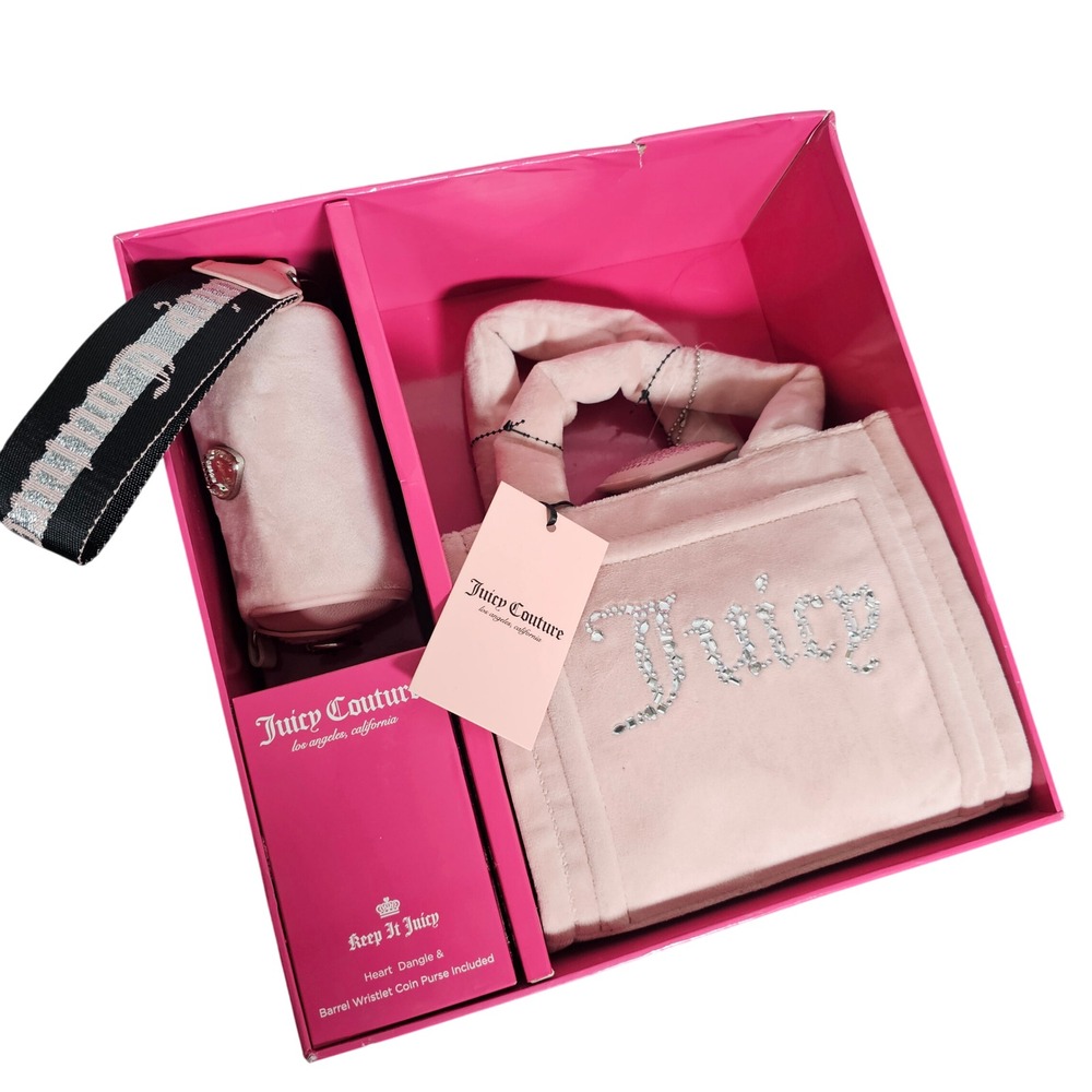 Juicy Couture Pink Velour Tote Bag & Coin Purse Set Heart Charm Rhinestone‎ Logo